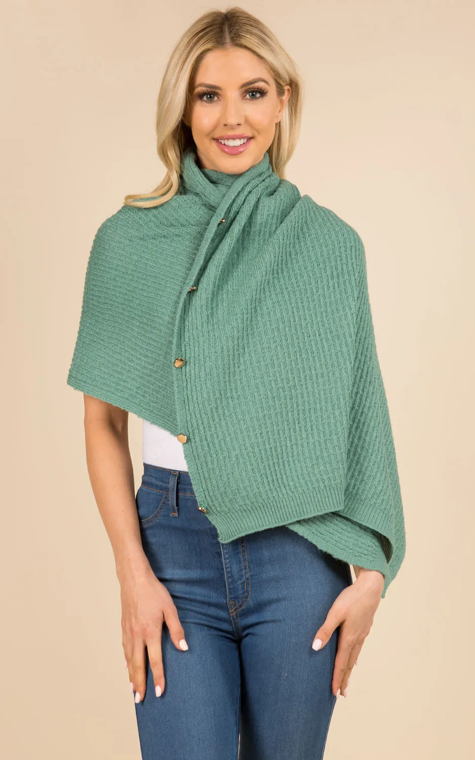 PA3314 Knitted Scarf Poncho Sweater with Buttons