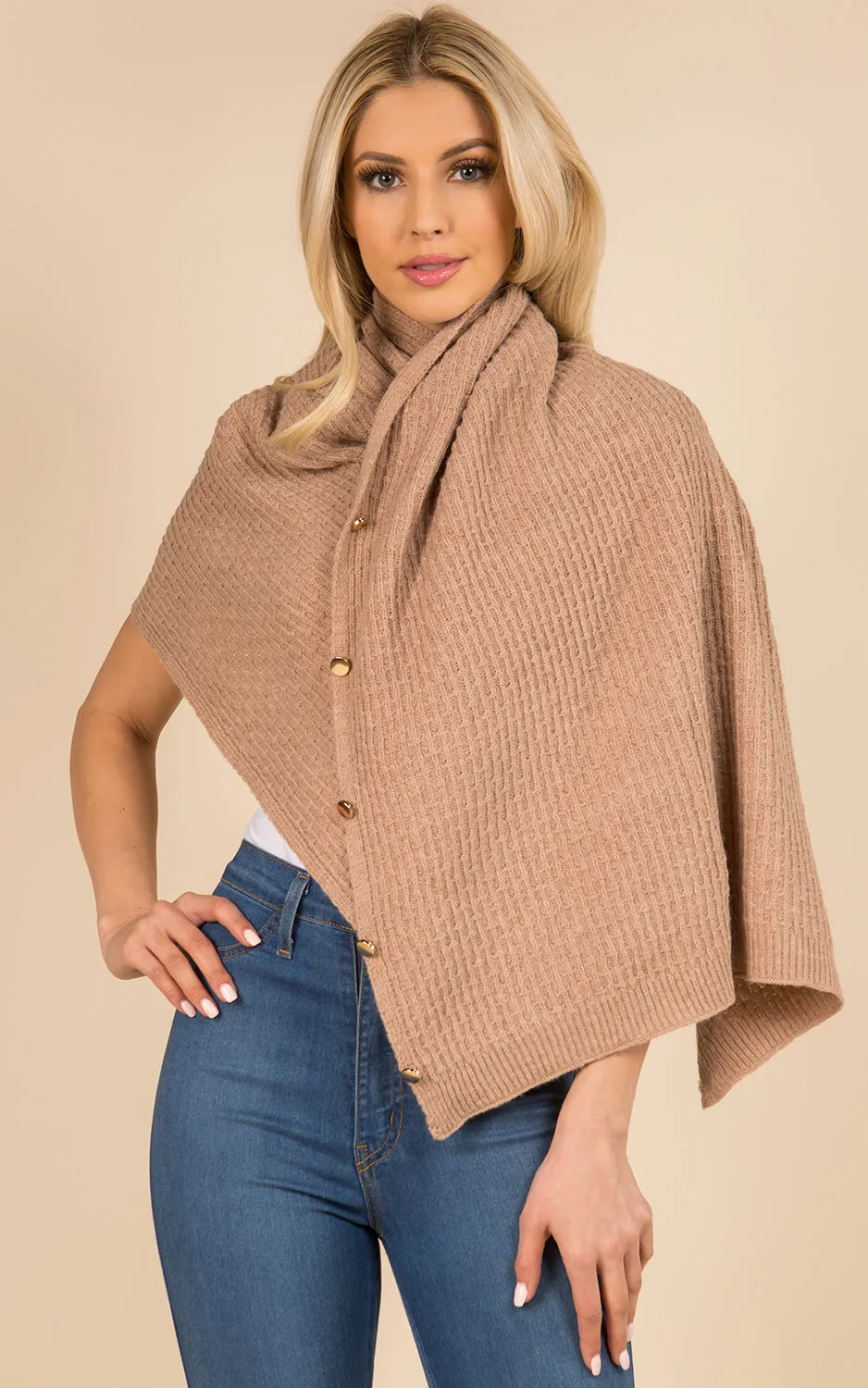 PA3314 Knitted Scarf Poncho Sweater with Buttons