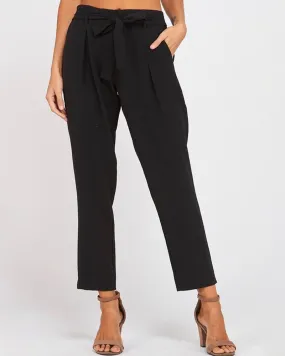 Pleated Belted Bow Crepe Pants with Pockets in Black