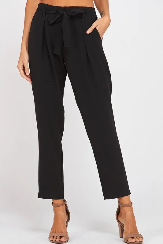 Pleated Belted Bow Crepe Pants with Pockets in Black