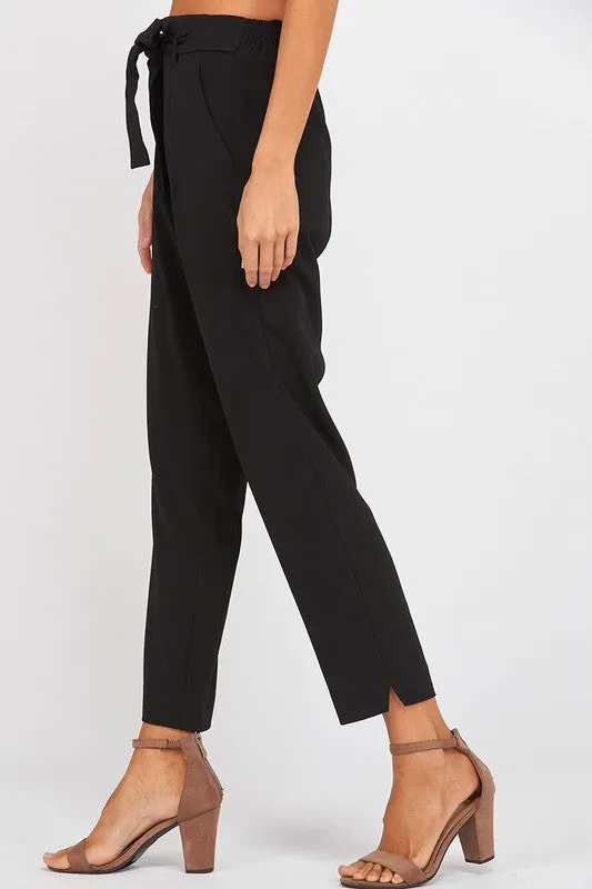 Pleated Belted Bow Crepe Pants with Pockets in Black