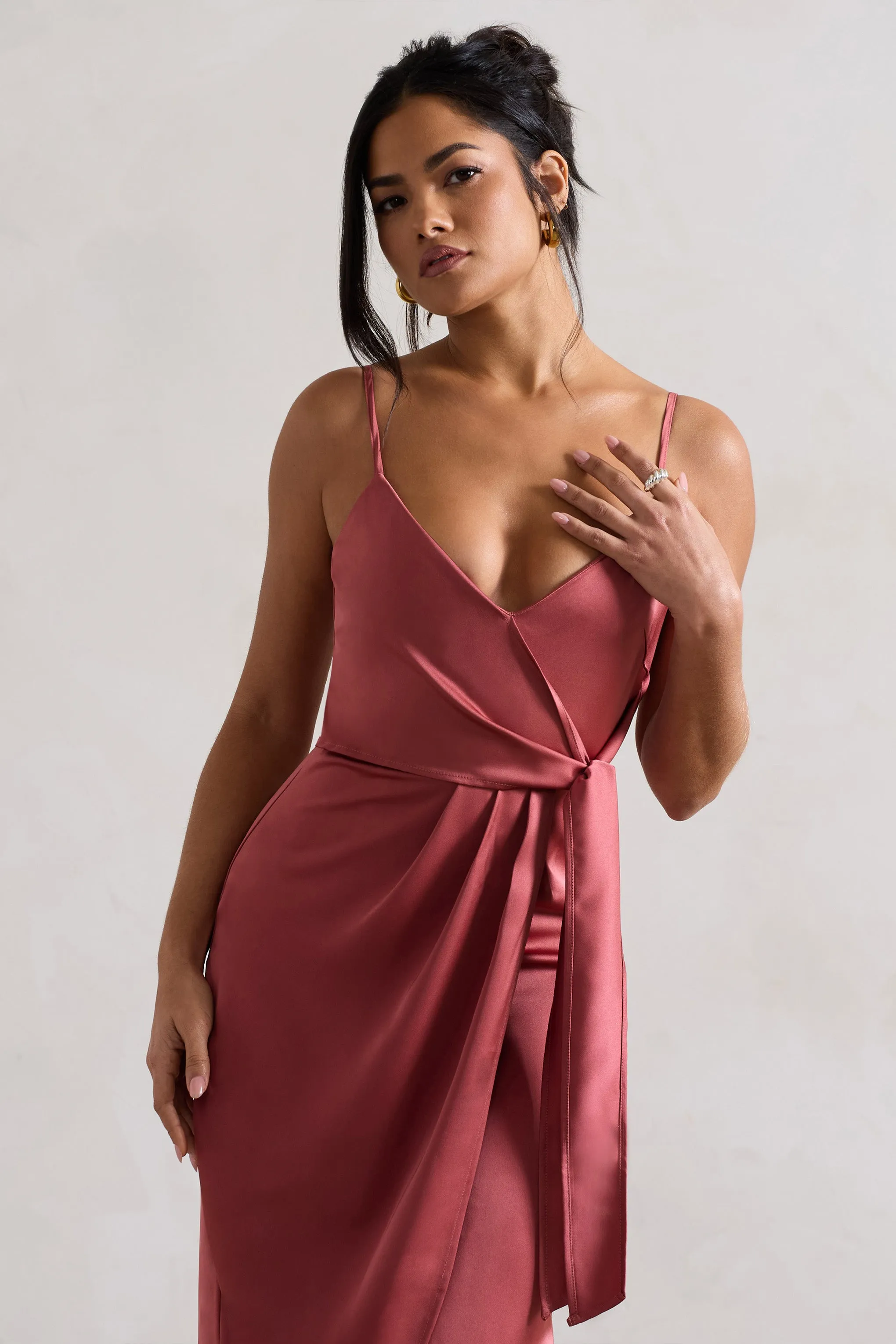 Sabela | Rose Pink Satin Wrap Midi Dress With Knot Detail