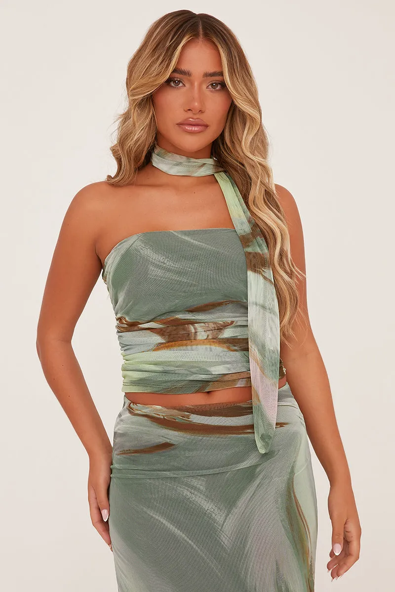 Sage Abstract Print Bandeau Crop Top & Midi Skirt Co-ord Set - Savannah