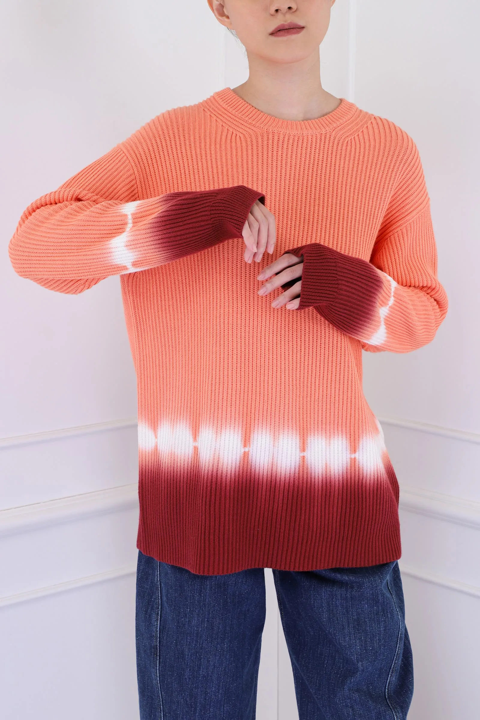 Salmon Multicolor Rib Knit Dip Dye Sweater