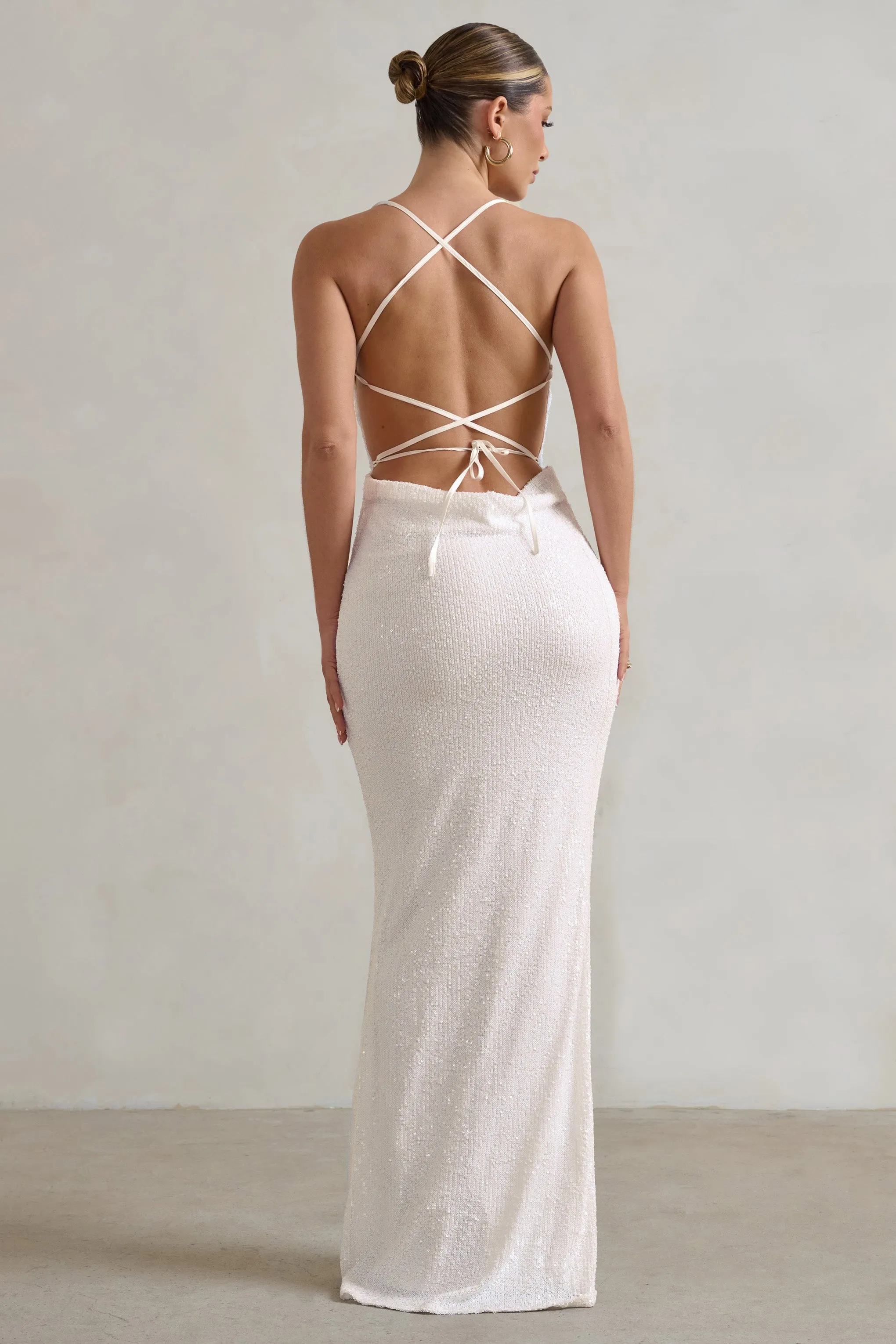 Seeing Stars | White Cowl Cami Sequin Maxi Dress With Waist Tie