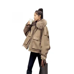 Short parka with fur trim hood for women