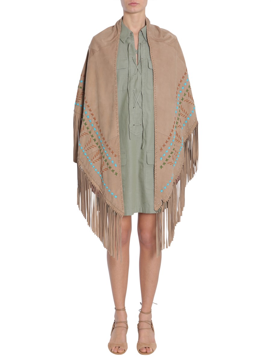 SIMONETTA RAVIZZA    EMBROIDERED AND FRINGED SUEDE SHAWL