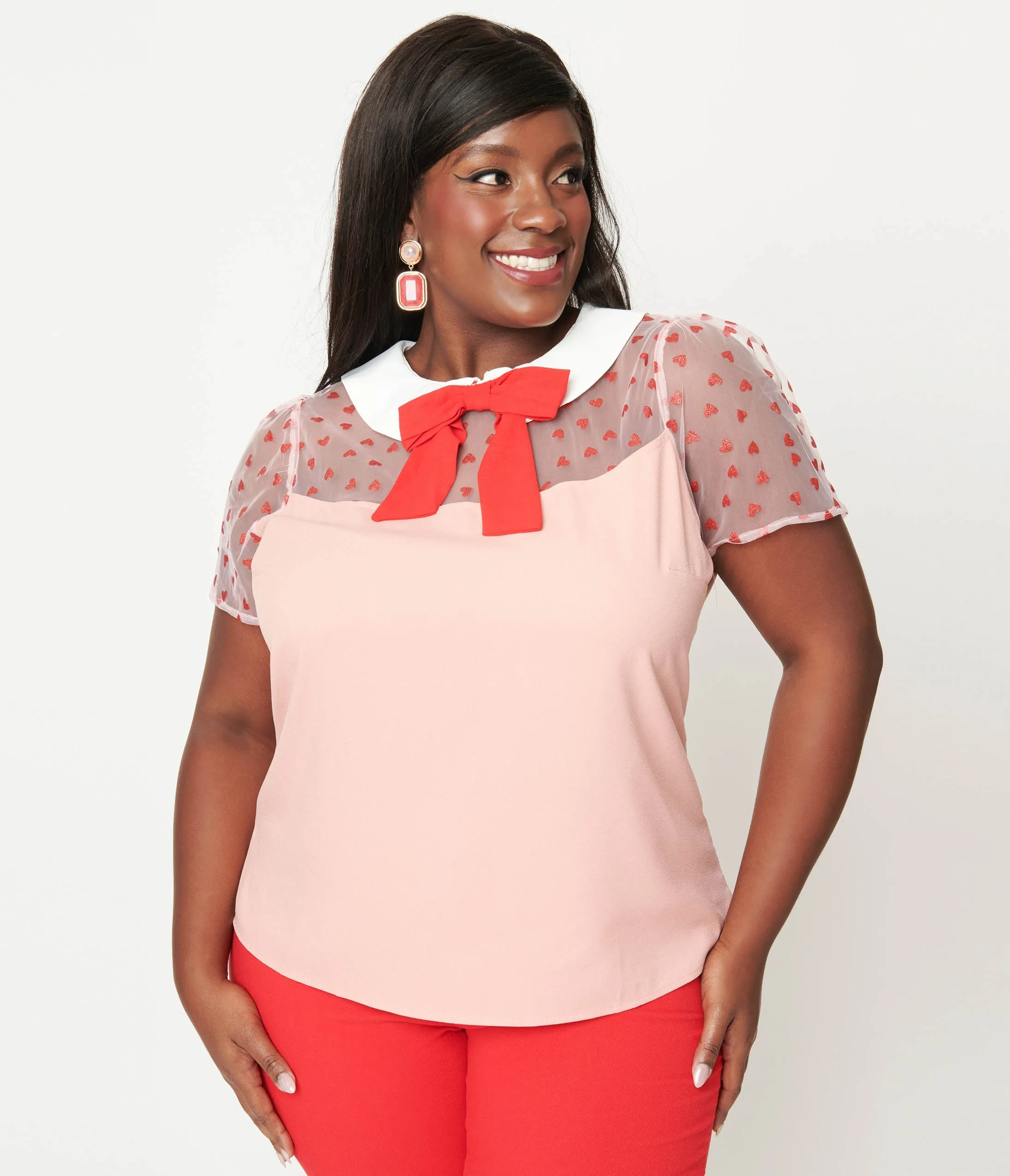 Smak Parlour Plus Size Pink & Red Hearts Collared Bow Blouse