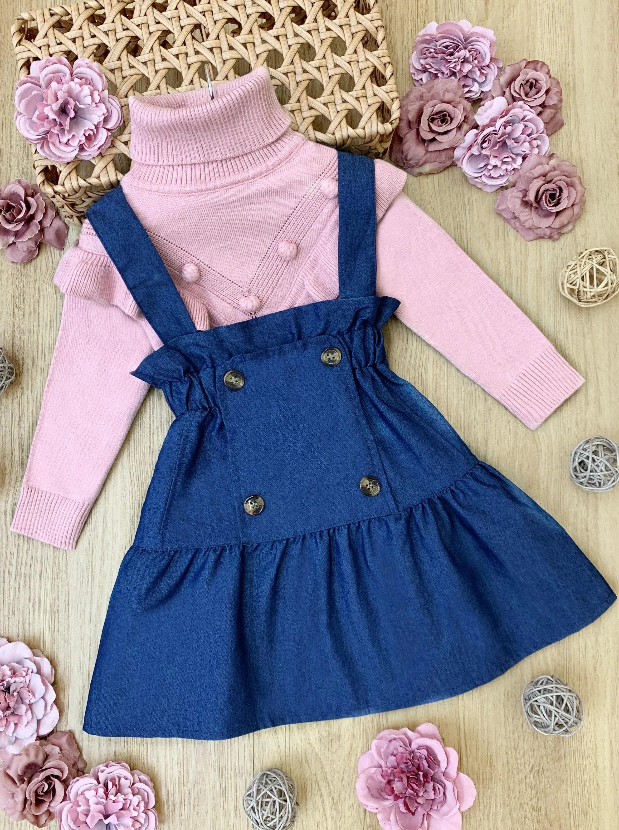 Take Note Turtleneck and Chambray Overall Skirt Set