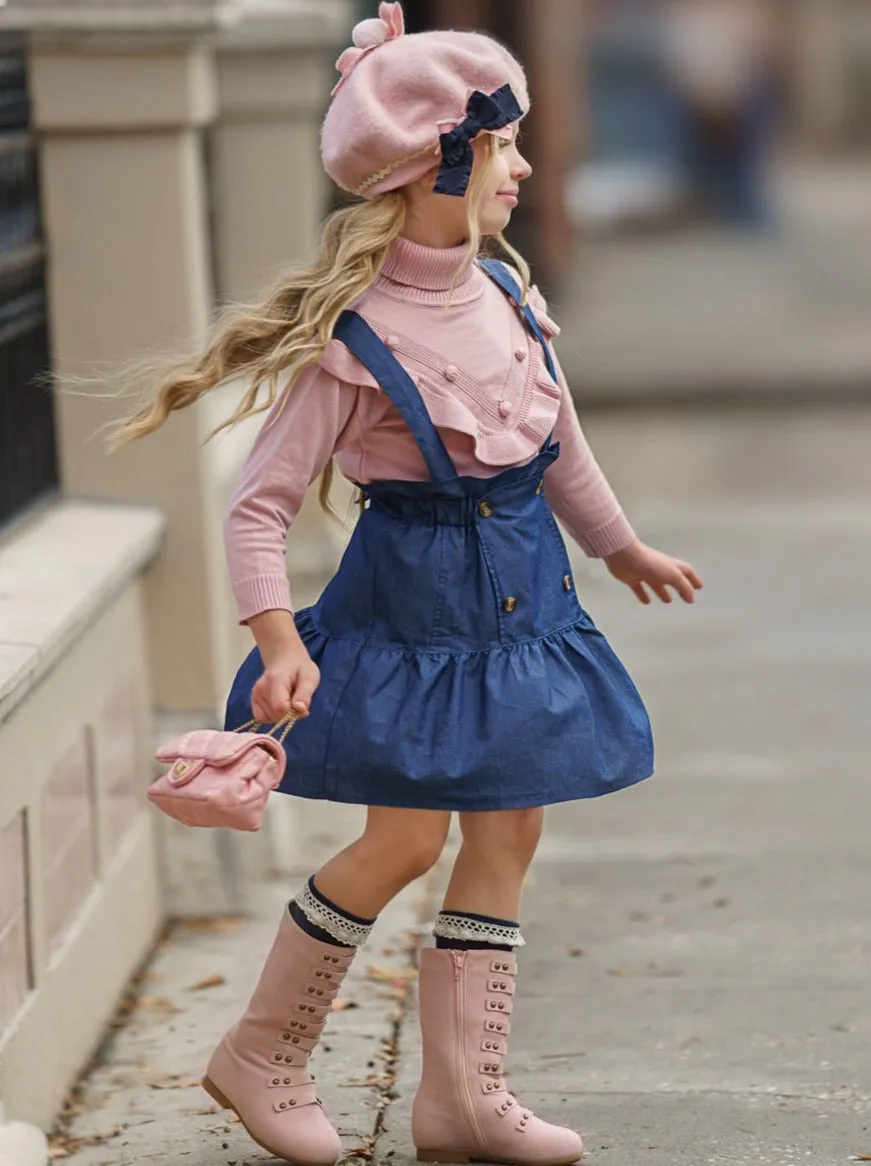 Take Note Turtleneck and Chambray Overall Skirt Set