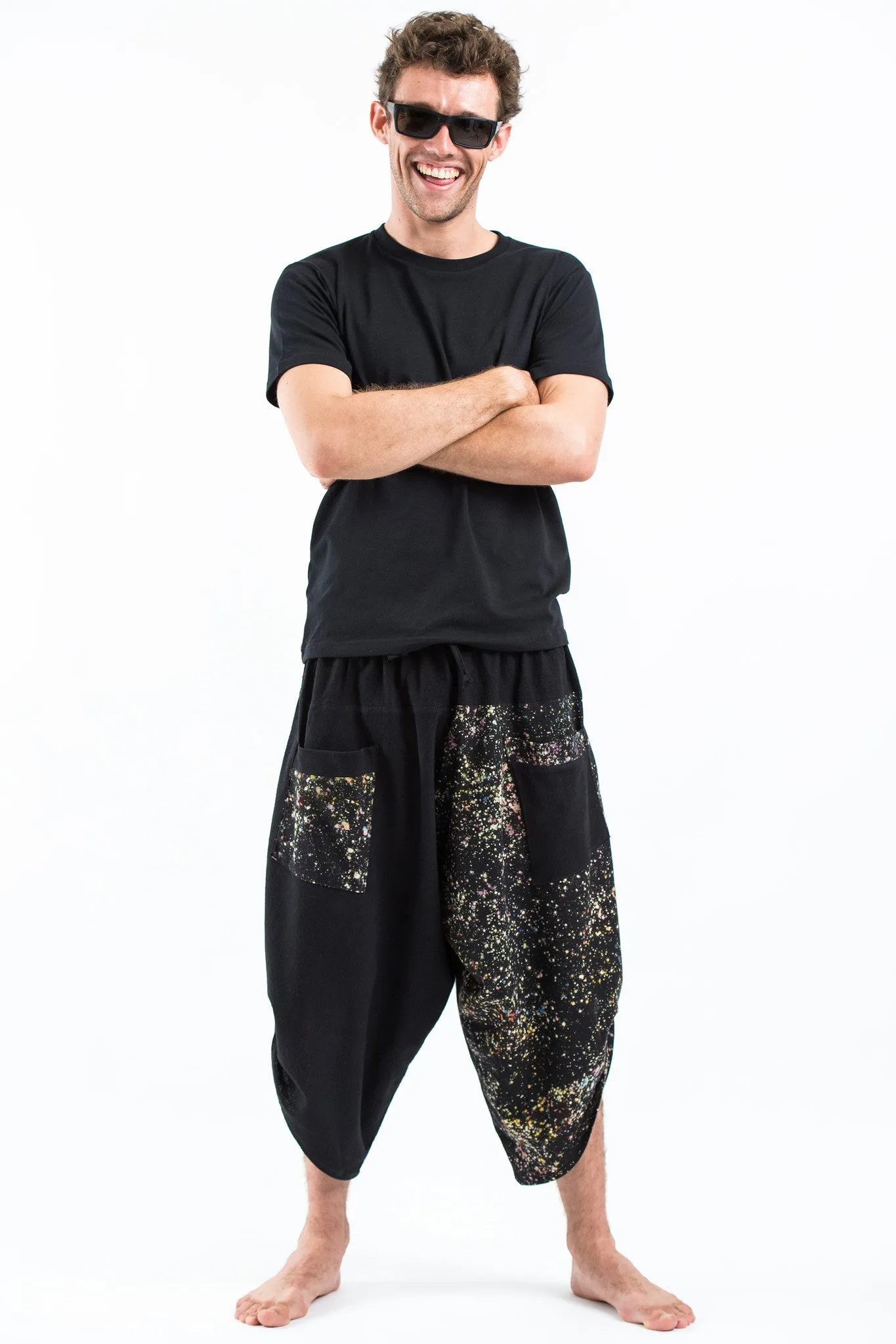 Two Tone Splatter Prints Men's Three Quarter Pants in Black