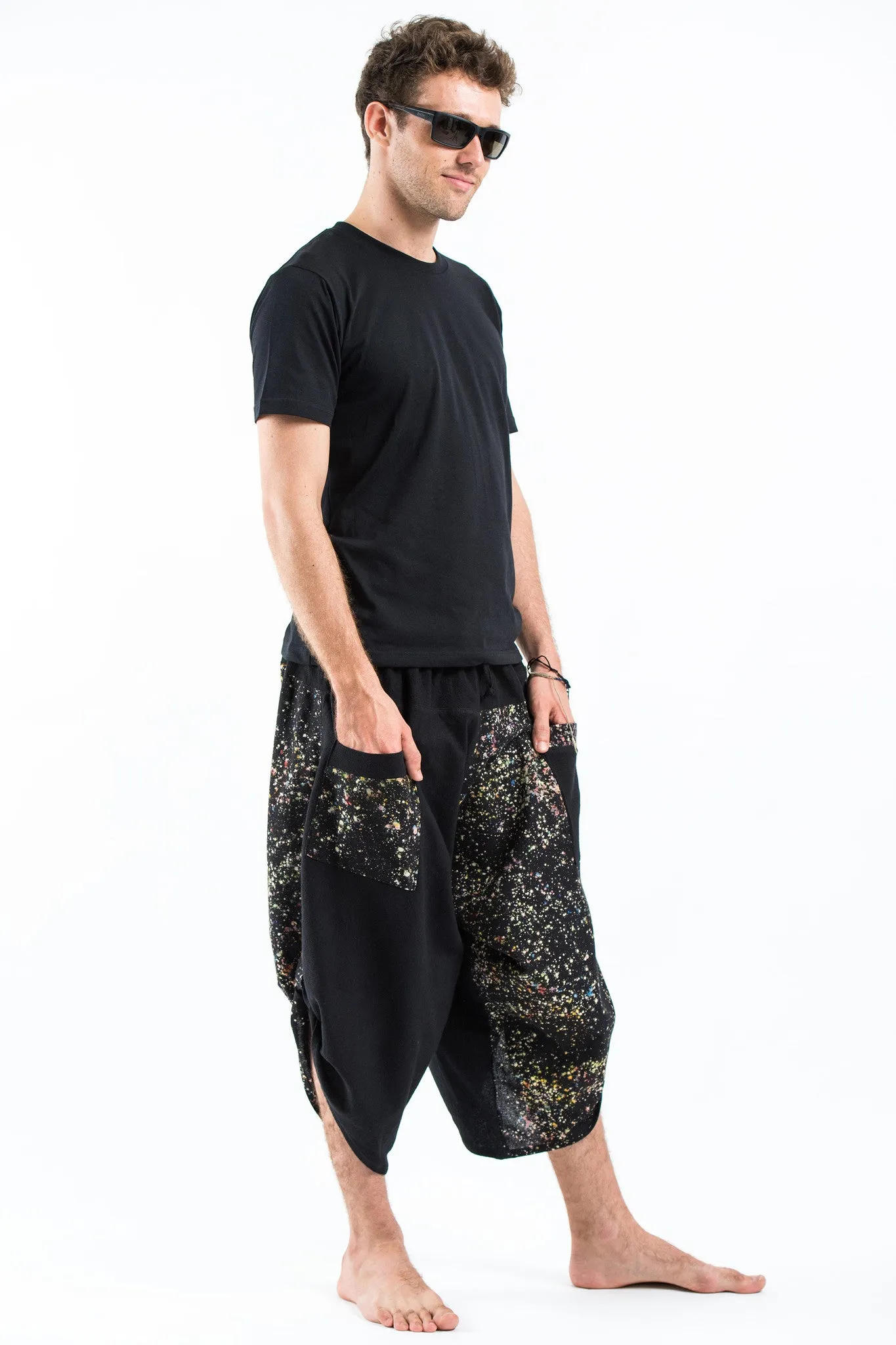 Two Tone Splatter Prints Men's Three Quarter Pants in Black