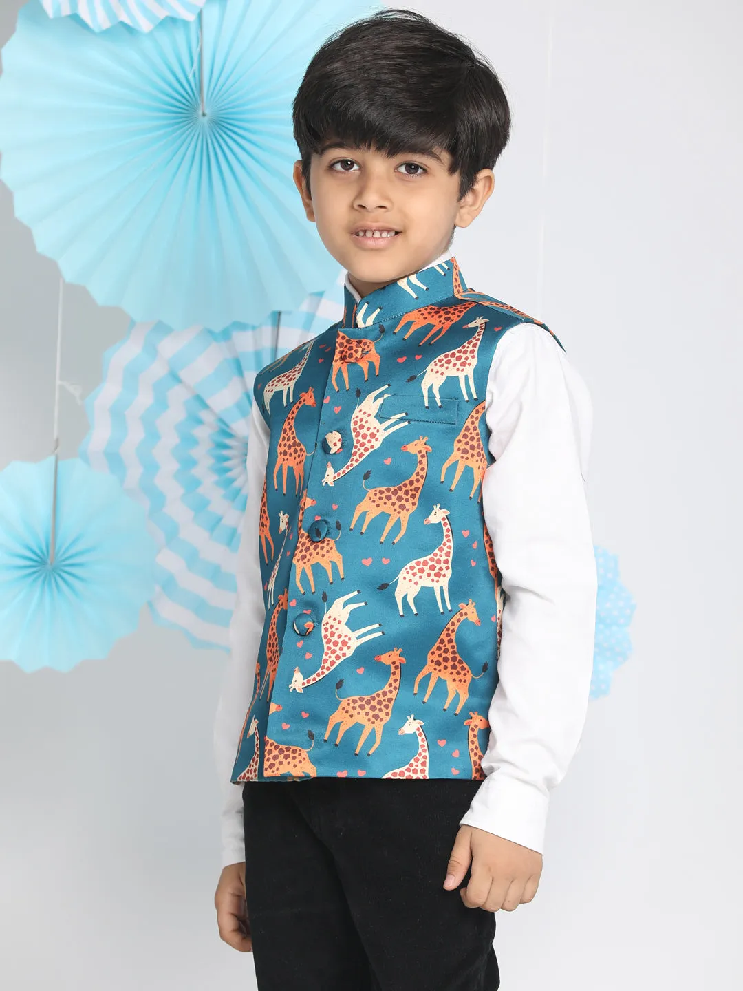 VASTRAMAY Boys Multicolor-Base-Turquoise Nehru Jacket