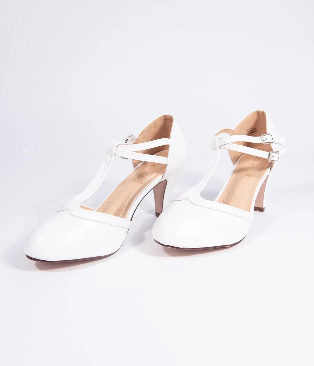 Vintage Style White Leatherette Round Toe T-Strap Heels