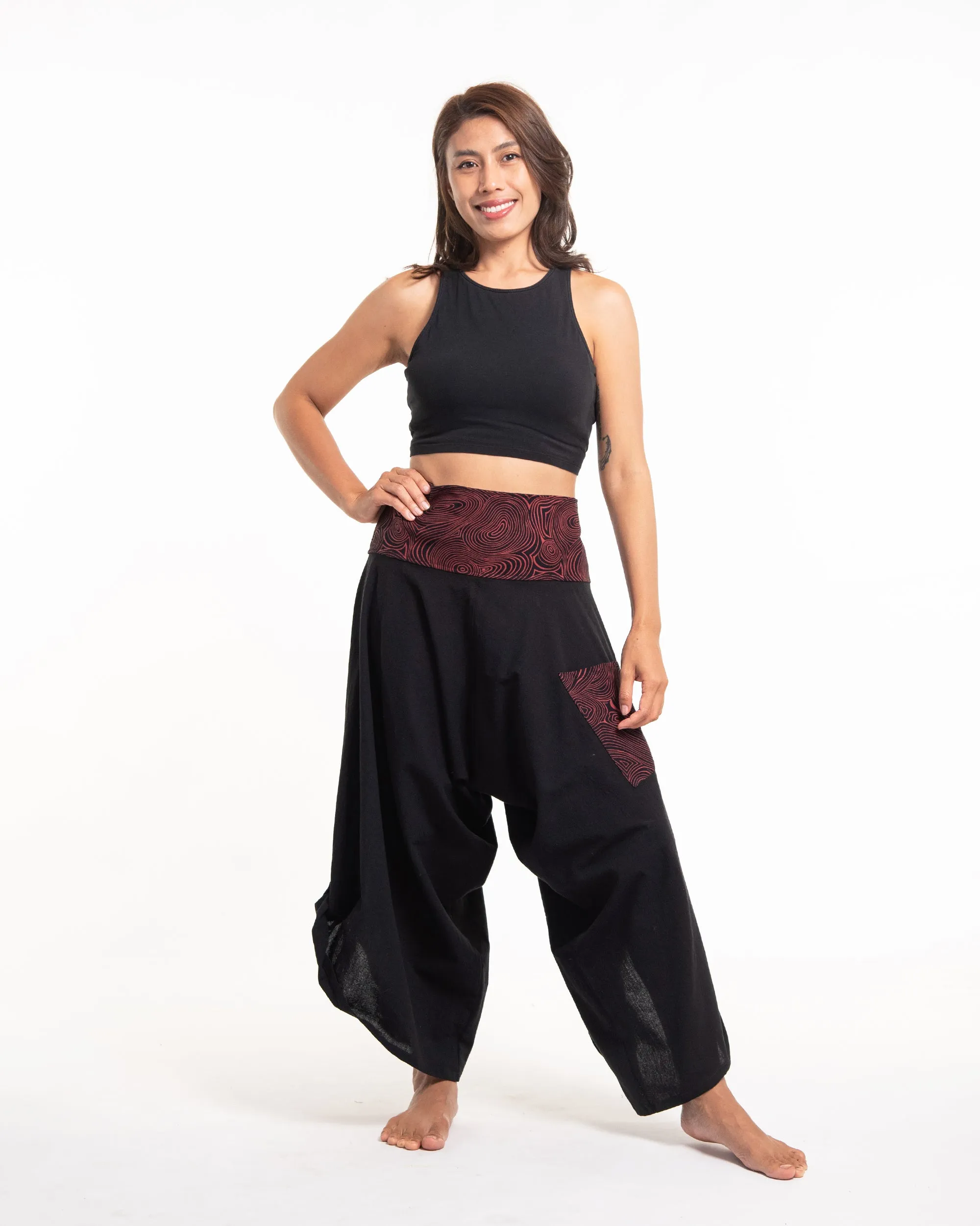 Women's Thai Button Up Cotton Pants with Hill Tribe Trim Black